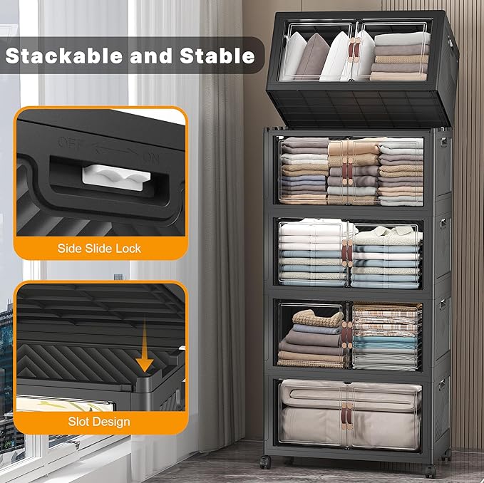 Extra Large Stackable Storage Bins with Lids & Wheels & Door,Foldable Collapsible Closet Organizers, Plastic containers drawers for bedroom Dorm (Dark-112QT, 5Pack with 1 top lid)