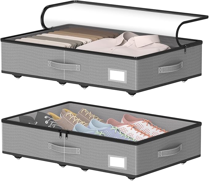 Under Bed Storage with Wheels, No Assemble Required 5.5 inches height grey under bed storage bins,Low Profile Rolling Underbed Shoe Storage containers，dorm underbed storage drawers