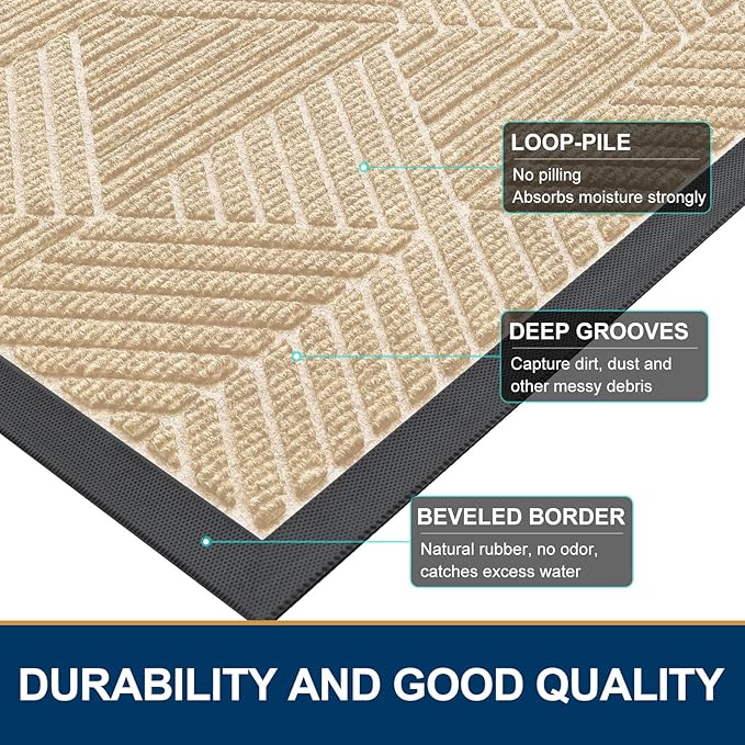 Smiry Front Door Mat Outside Entrance, Heavy Duty Sturdy Natural Rubber Doormat, Trap Dirt and Moisture, Easy Clean Low Profile Mats for Indoor Outdoor Entry, Irregular Triangle (71x47, Beige)