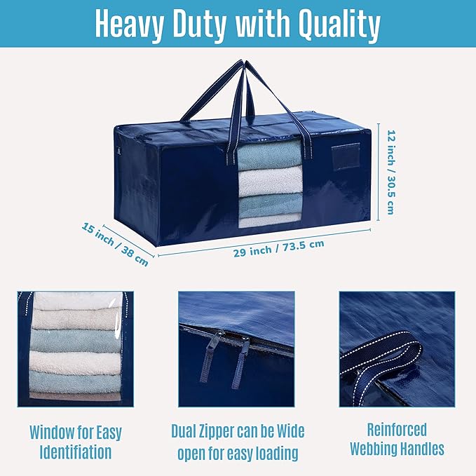 VENO 8 Pack Heavy Duty Moving Bags, Christmas Storage Bins with Lids, Transparent Window Design, Alternative to Moving Boxes, Storage Bags for Clothes, Blankets, Comforters, Pillows (Blue, 8 Pack)