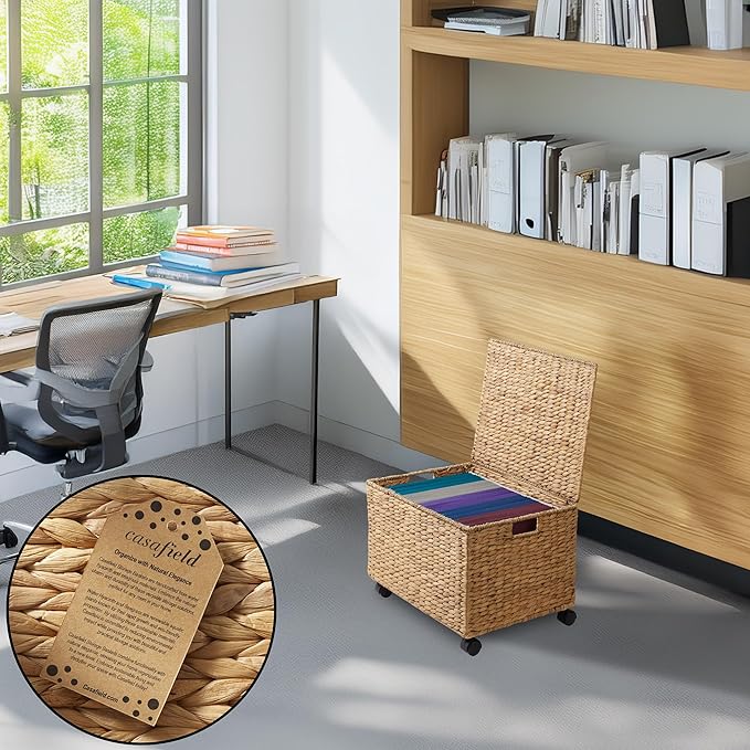 Casafield Rolling Filing Cabinet, Natural - Water Hyacinth File Organizer with Lid and Locking Wheels, Home Office Storage for Hanging Folders