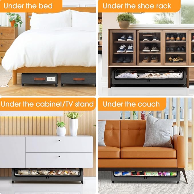 Under Bed Storage with Wheels 2Pack Storage Containers with Clear Window&Label Under Bed Drawers Rolling Under Bed Storage for Clothes,Shoes, Blankets (30.71 x 16.93 x 6.69 in, Dark Grey)