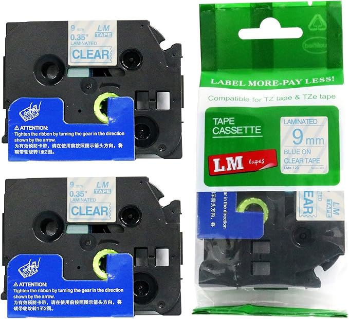 2/Pack LM Tapes - LMe123 Premium 3/8" Blue Print on Clear Label Compatible with P-Touch TZe123 Tape and Includes Tape Color/Size Guide. Replaces Ptouch TZ123 9mm 0.35 Laminated.