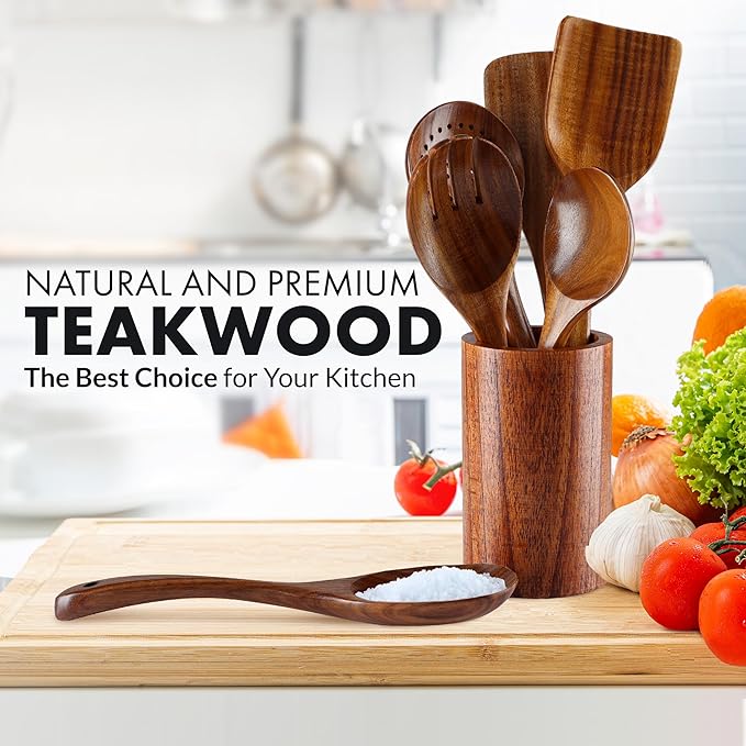 Zulay Kitchen 7-Piece Wooden Cooking Spoons Set – Heat-Resistant, Smooth Teak Utensils with Comfort Grip – Lightweight & Durable – Easy to Clean, Perfect for Non-Stick Cookware