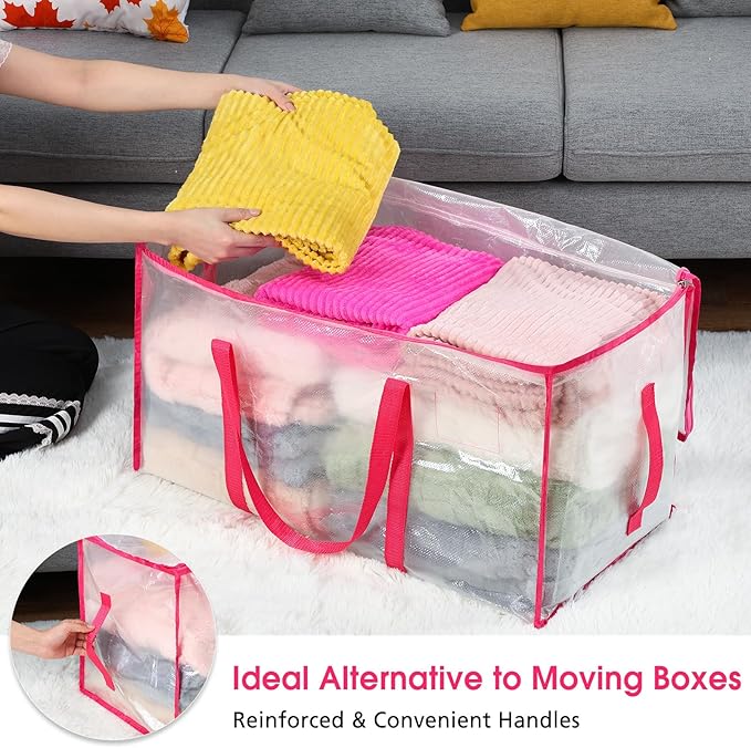 Aliceset 12-Pack Clear Moving Bags 90.84L Heavy Duty Extra Large Storage Totes with Reinforced Handles & Zippers, for Moving, College Dorm, Traveling(Pink)