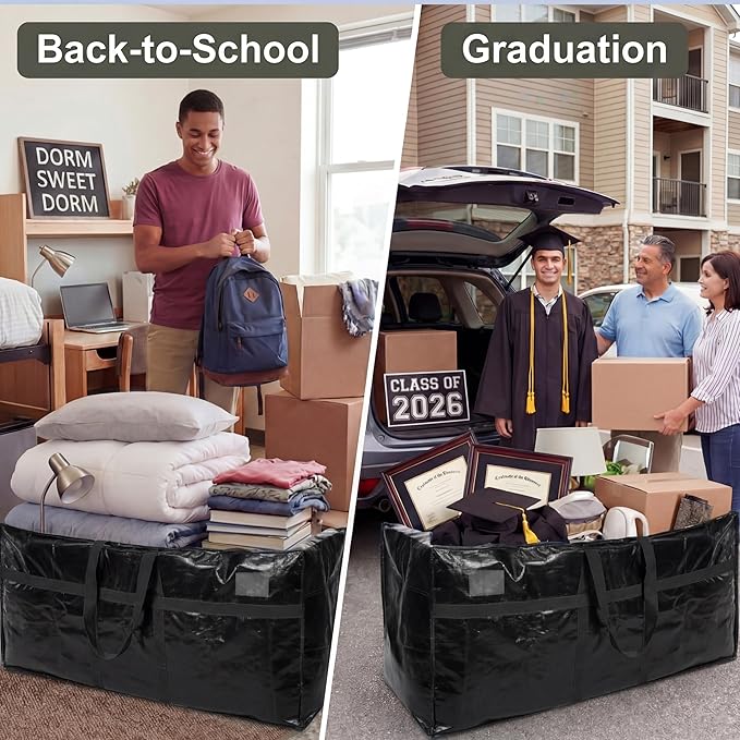 Windyun 4 Pack 155 Gallon Extra Large Moving Bags XXL Heavy Duty Storage Bag with Strong Zipper Handle Jumbo Big Tote Box Foldable for College Dorm Travel Clothes Duffle Blanket Pillow(Black)