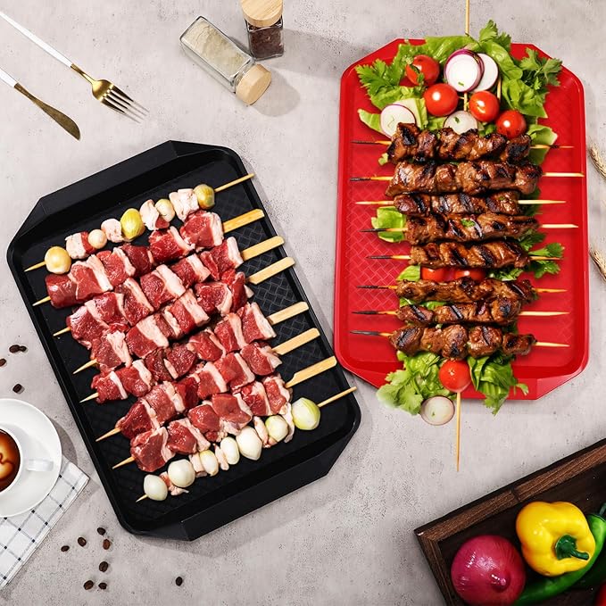 DoubleFill Set of 4 Grilling Prep and Serve Trays, 17x12 Inch Large BBQ Platter for Raw and Cooked Food, Cooking Meat Plastic Grilling Trays, Black and Red Stackable Defrosting Prep and Carry System