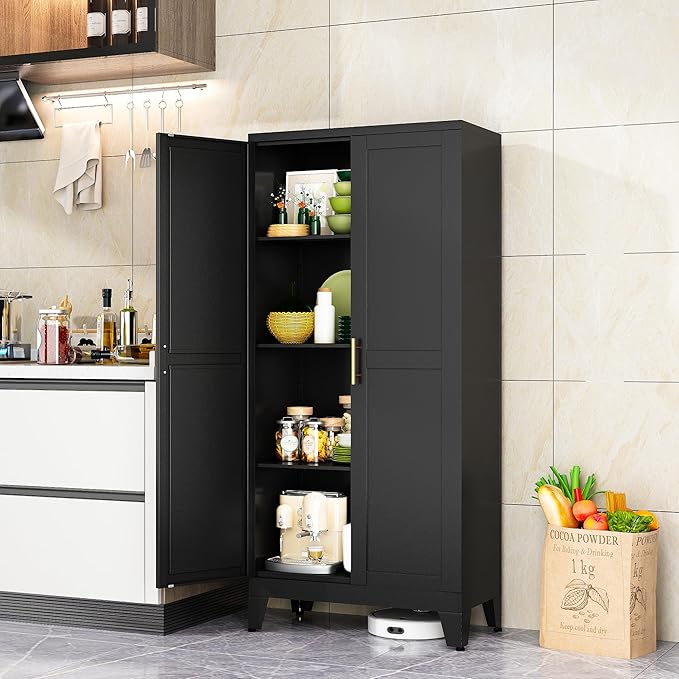 Metal Pantry Storage Cabinet, Kitchen Storage Cabinets with Adjustable Feet and Shelves, Pantry Cabinet for Kitchen, Living Room, Laundry Room and Dinning Room