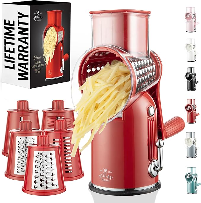 Zulay Kitchen Rotary Cheese Grater 5 Blade Cheese Shredder - Manual Hand Crank Cheese Grater With Reinforced Suction & 5 Interchangeable Drums - Easy to Use, Vegetable Chopper Round Mandoline Slicer