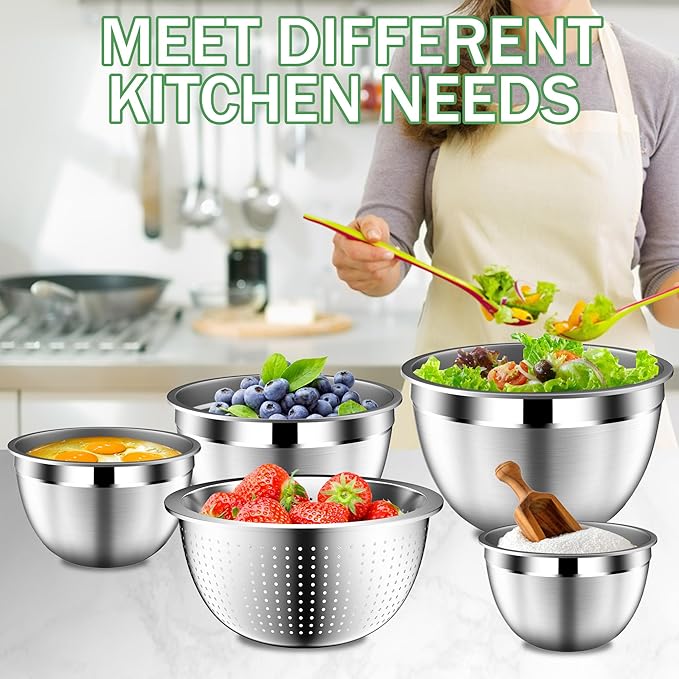 DUTZUN Mixing Bowls with Lids Set, Stainless Steel Mixing Bowls with Colander, Strainer with Mixing Bowl Set, Kitchen Gadgets Bowl Christams Gift, Size 4.5, 2.5, 2, 1.5QT - Black
