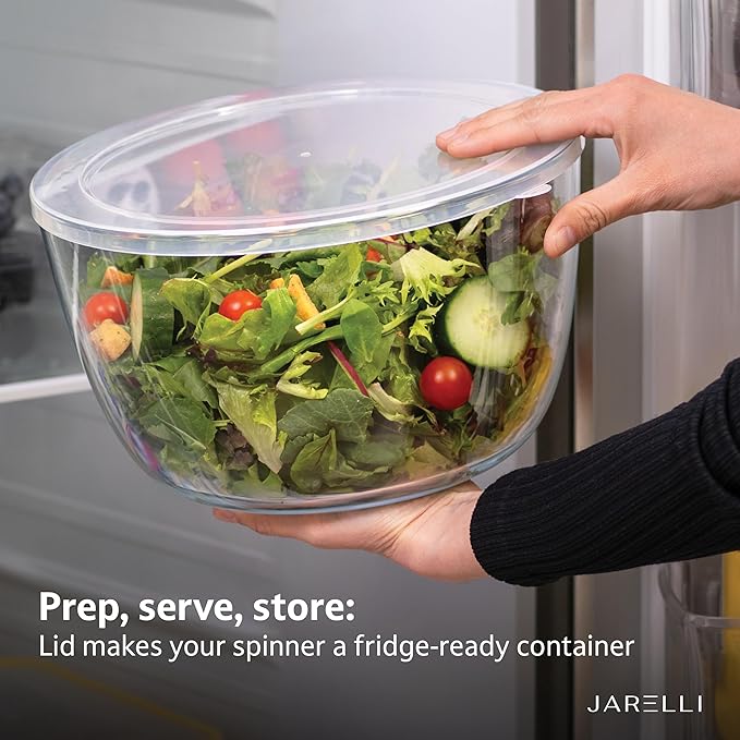 JARELLI Glass Salad Spinner Large Capacity 6.3QT with Storage Lid | Boroscilicate Glass Bowl and BPA-Free and Food-Safe Colander, Base, Spinner Lid and Storage Lid | Washing, Spinning, and Draining