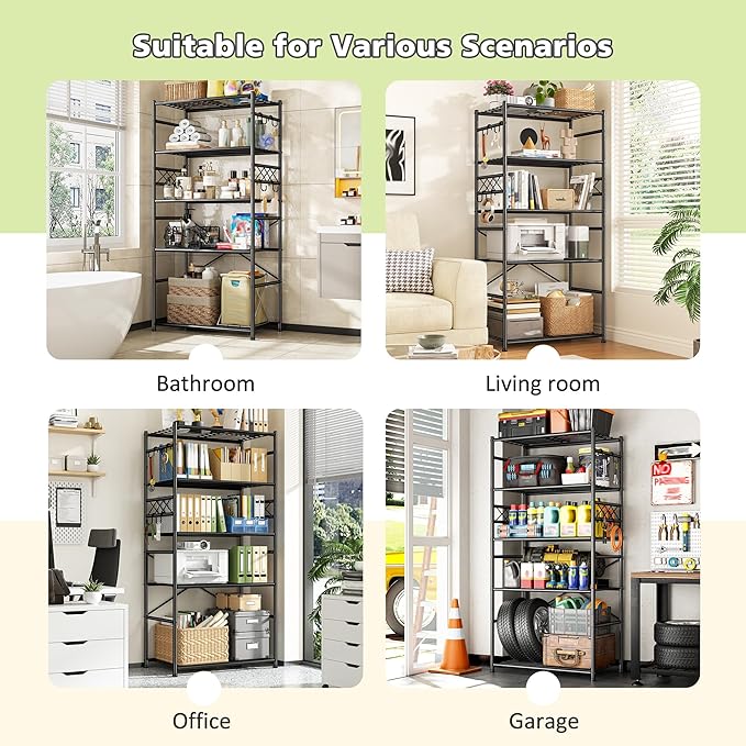 Metaling Shelving 5 Tier Shelf Organizer with Hooks,Storage Shelves Heavy Duty Garage Shelves Unit with Leveling Feet,Wire Shelving for Pantry, Kitchen and Closet,23.6" W x 13.8" Dx72.4 H