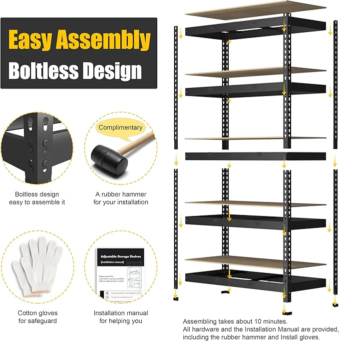 PrimeZone 3 Pack Storage Shelves 48" x 24" x 72", 5 Tier Adjustable Garage Storage Shelving, Heavy Duty Metal Storage Utility Rack Shelf Unit for Warehouse Pantry Closet Kitchen, Black