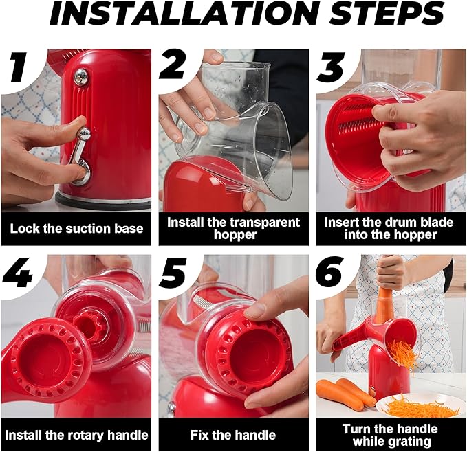 Rotary Cheese Grater Hand Crank with 5-in-1 Interchangeable Blades & Strong Suction Base Vegetables Shredder Manual Slicer for Kitchen, Red