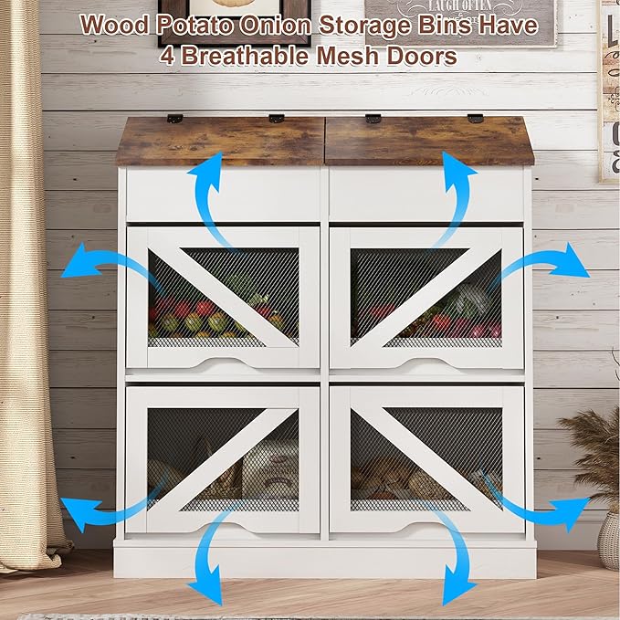Potato Storage Bin Bread Box with Lid,Rustic Onion&Fruit Organizer with Wood Hidden Door,Farmhouse Grocery Section Decorative,Vegetable Organization Cabinet W/Mesh Door for Kitchen Dining Room(White)