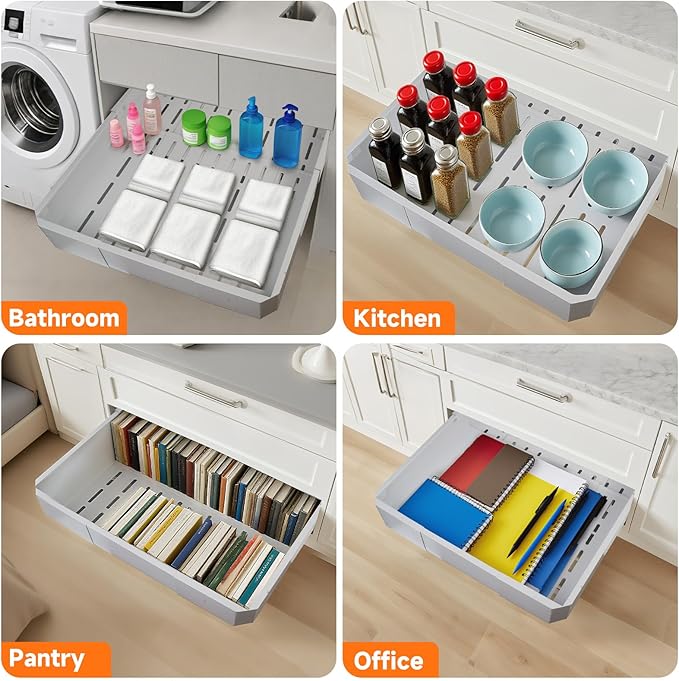 Pull out Cabinet Organizer,Adjustable Width (14"-19") and Depth (17"-24") Expandable,No Drill Slide out Drawers for Kitchen,Pantry,Adhesive Roll out Shelves,for Cabinets Without Lip