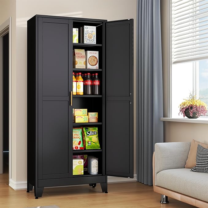 erosoei 75.2”H Metal Kitchen Pantry Storage Cabinet, Storage Cabinets with Adjustable Feet and Shelves,Food Pantries Cupboard for Kitchen, Living Room, Laundry Room and Dinning Room（Black）