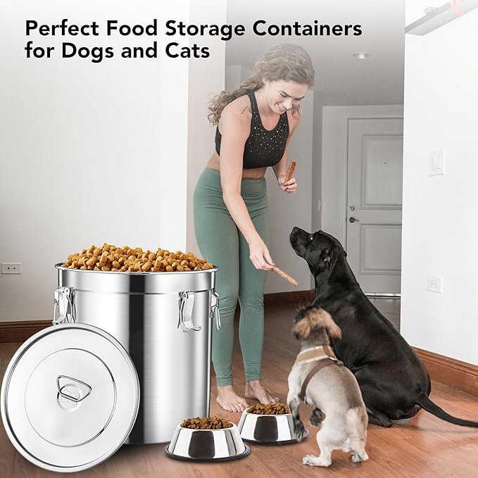 Newget Dog Food Storage Containers, Large Stainless Steel Pet Food Storage Containers 20 lb / 9 kg to Keep Fresh, Metal Airtight Cat Food Containers With Scoop and 2 Small Containers