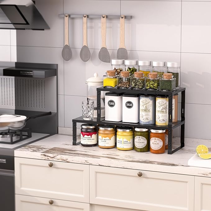 Zilvando Heavy-Duty Adjustable Metal Shelf Organizer - Expandable & Stackable Pantry Storage Rack for Kitchen, Bathroom, RV, Cabinets(3 Packs/Black, Medium)