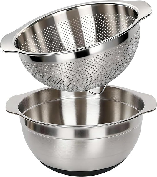 304 Stainless Steel Colander, 2.5 QT Capacity and 2.5 QT Mixing Bowl, Micropore Strainer for Washing Rice, Fruit, and Veggies, Perfect Draining for Cooked Pasta