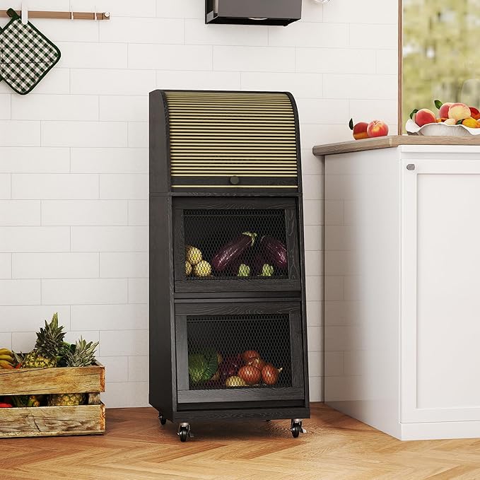 Movable Onion and Potato Storage Bin Box, Black Potato Bins with Wheels and Sliding Door, Farmhouse Fruit and Vegetable Basket Storage, Small Food Kitchen Pantry Cabinet, Wooden Bread Box, Flip-top