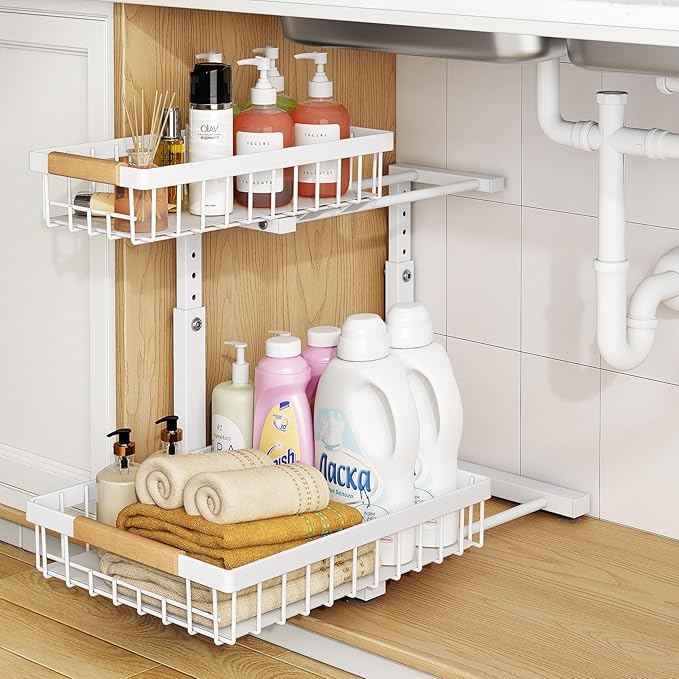 PXRACK Under Sink Organizer, Adjustable Height, 2 Tier Pull Out Under Cabinet Organizer, Slide Out Thickened Metal Under Sink Storage for Kitchen Bathroom Laundry Pantry Cabinet, 2-Pack, White