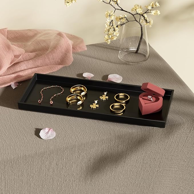 Mriluvy Vanity and Bathroom Tray, 15" ABS Countertop Organizer,Waterproof Vanity Tray for Toilet Tank,Perfume,Soap,Keys,Bathroom Accessories,Kitchen and Bath Trays,Non Slip Small Trays,Black,2 Pack