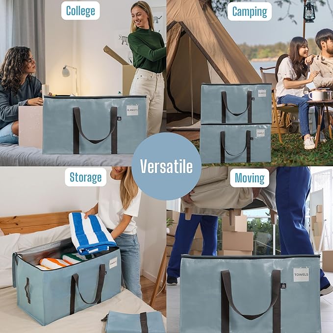 VENO 12 Pack Moving Bags, Upgraded Heavy Duty, Moving Boxes Alternative, Packing Storage Supplies for Dorm Room Essentials with Zipper for Clothes, Large Totes for Packaging (Light Blue, 12 Pack)