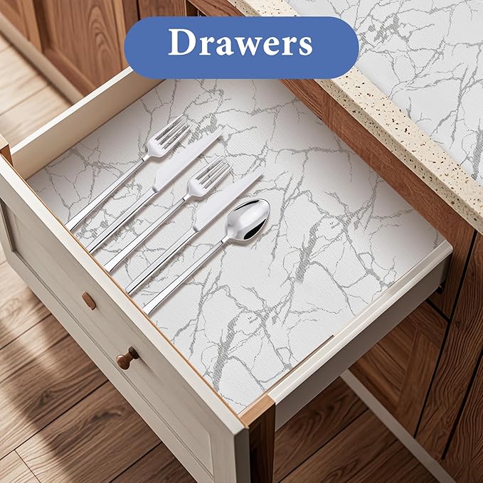 Drawer and Shelf Liner for Kitchen Cabinet: 23.6 in X 30 Ft Non Slip Waterproof Shelf Paper Non Adhesive Refrigerator Liners Silver Marble Easy Liners for Bathroom with Knife Tape Measure