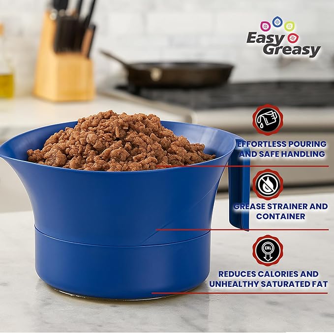Easy Greasy 3-Piece Colander Grease Strainer Set – Blue Grease Separator with Handle, Container & Lid – Strains Bacon, Pasta, Ground Beef – BPA-Free Kitchen Gadget
