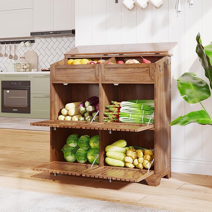 Potato and Onion Storage Bins Box, Mid Century Modern Tall Large Fruit and Vegetable Basket Storage, Walnut 4 Doors Kitchen Pantry Cabinet for Snack, Wooden Bread Storage, 3 Tier, Magnetic Flip-top