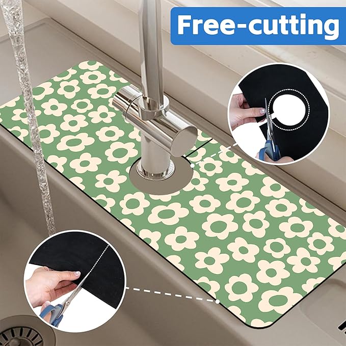 Vintage Groovy Flowers Sink Faucet Absorbing Mat Splash Guard Behind Sink Absorbent Fast Drying Draining Mat for Bathroom Kitchen 5.5"15