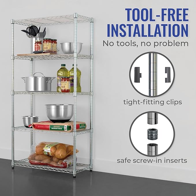 SafeRacks - NSF Certified Storage Shelves, Zinc, Heavy Duty Steel Wire Unit with Adjustable Feet, Garage or Bakers Rack, Kitchen, Pantry Shelf - (14"x30"x60" 5-Tier) (Silver)