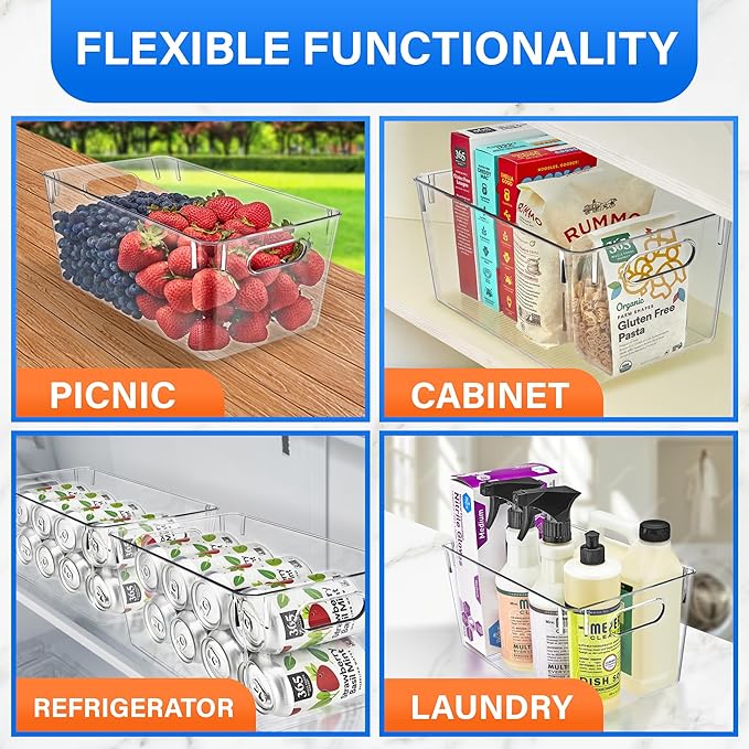 Lifemaster Stackable Refrigerator Bins - Set of 14 Large Capacity Organizers with Easy Grip Handles - Clear and Versatile for Kitchen Storage