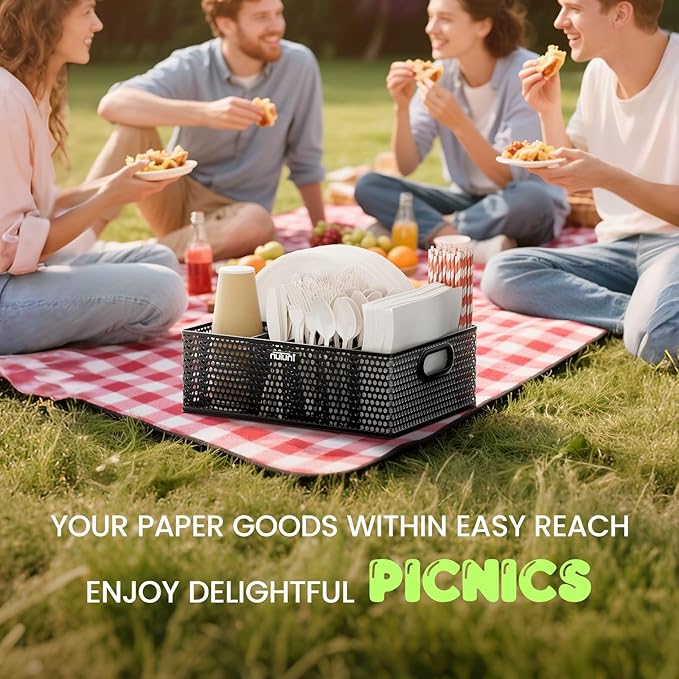 NUTUNI Paper Plate Organizer for Countertop, Perforated Metal Silverware Caddy for Plastic Spoon, Napkin, Utensils Holder with 6 Compartments for Party, Camping, Picnic
