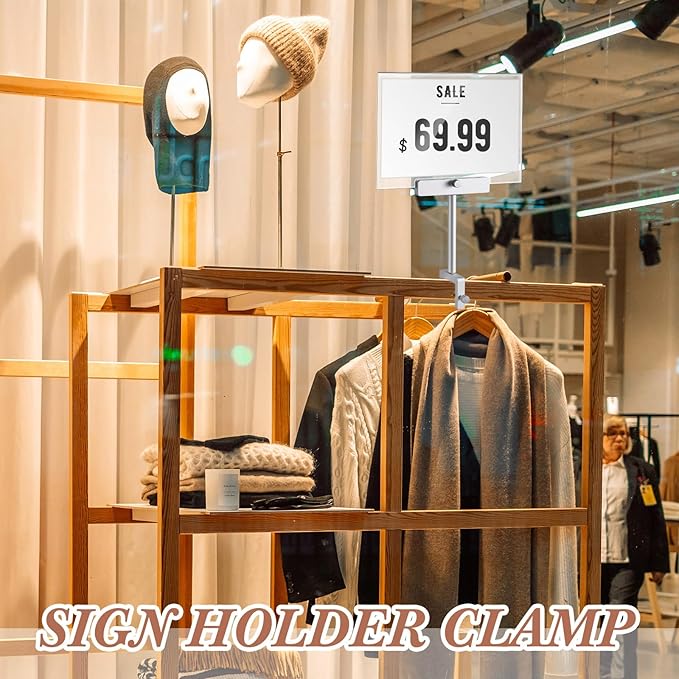 6 Set 5.5 x 7 Inch Aluminum Alloy Retail Sign Holder with Clamp Acrylic Frame Clothing Rack Clip on Sign Holder for Retail Stores Price Card Display(Silver)