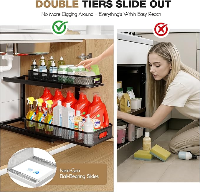 Biboraya 2-Pack 18.5 IN Depth Under Sink Organizer With Next-Gen Ball-Bearing Slides,Sophisticated Mesh 2-Tier Pull Out Shelf for Kitchen & Bathroom,Fits Small Items-Black