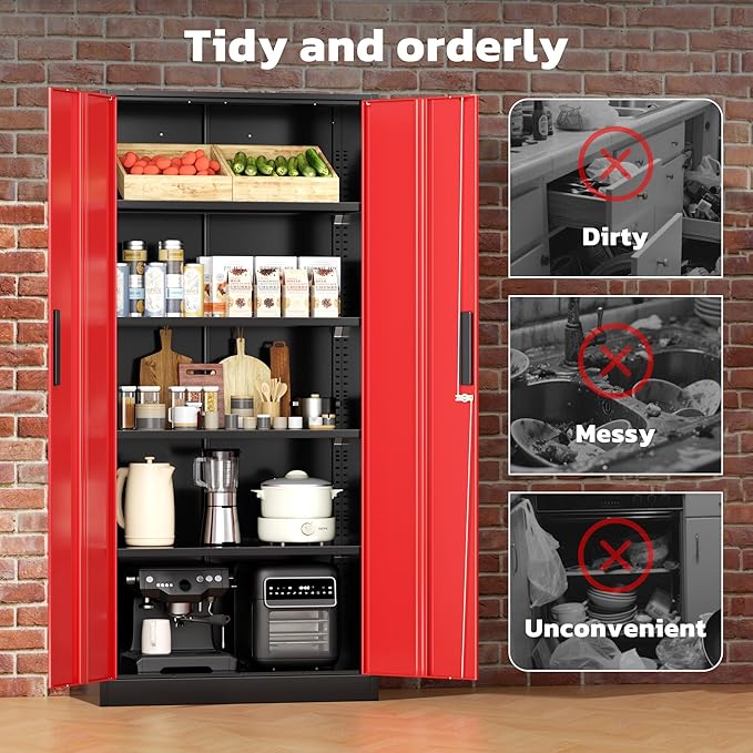 Greenvelly Metal Lockable Storage Cabinet, 72” Storage Cabinet with 2 Doors and 4 Adjustable Shelves for Office, Home, Garage, Pantry (Assembly Required, Black Red)