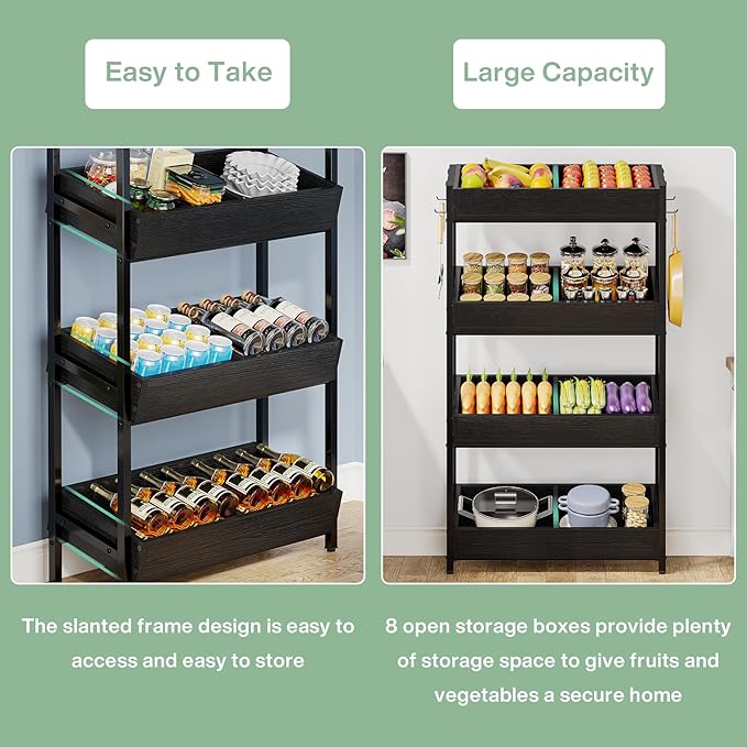 Tribesigns Wood Fruit and Vegetable Basket Stand Rack for Kitchen, Office, Store, Supremarket, Pantry Shelf Unit for Snacks, 4-Tier Wooden Utility Storage Shelves (Black)