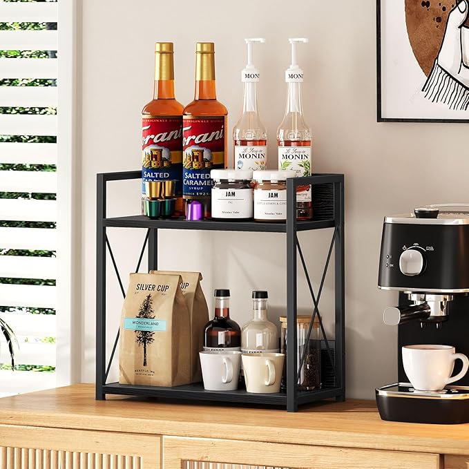 Giikin Kitchen Countertop Organizer, 2 Tier Coffee Bar Organizer, Black Spice Rack for Counter, Kitchen Counter Shelves (Black, L)