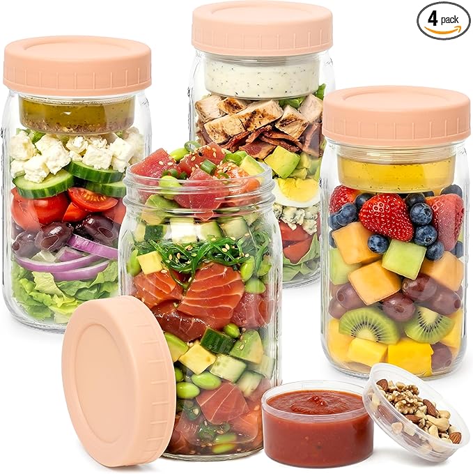 4 Pack Glass Salad Jars with Lids for Meal Prep, Leakproof Container with Two Small Built in Cups for Wet/Dry Separation for Salad Dressing and Ingredients, 32oz Mason Jars (Brown/Beige)