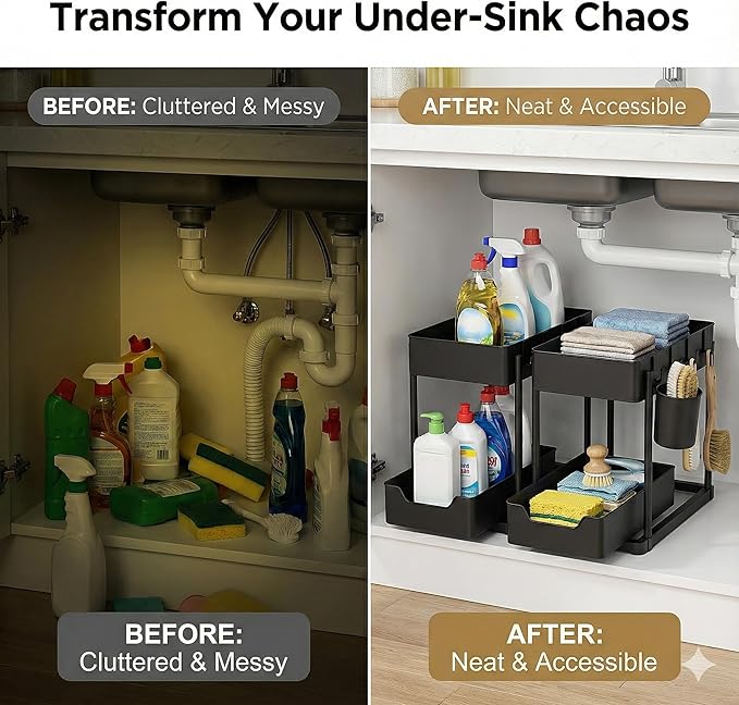 Under Sink Organizer – 2 Tier Sliding cabinet organizer with 4 Hooks & 1 Cup | Multi-Purpose Space Saving Shelf for under kitchen sink storage, Countertop, Bathroom, Pantry & Office Organization