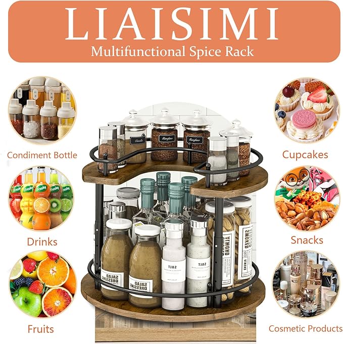 LIAISIMI 2 Tier Lazy Susan Organizer,2-Tier Spinning Spice Rack with Stable Carousel Base & 4 Height Settings for Cupboard Kitchen Countertop Dining Table Cupboard (Round)