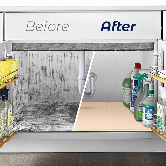 The Original Under Sink Mat - Silicone Waterproof mat, Adjustable, Easy to Clean, Kitchen Cabinet Liner, Disinfection Surface - 34" x 22" or Smaller - Beige