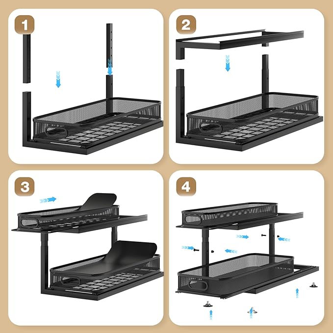 Biboraya 2-Pack 21.3 IN Depth Under Sink Organizer With Next-Gen Ball-Bearing Slides,Sophisticated Mesh 2-Tier Pull Out Shelf for Kitchen & Bathroom,Fits Small Items-Black