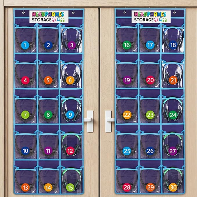 2 Pack Classroom Headphone Storage Organizer with 30 Pockets, PVC Clear Classroom Pocket Chart for Headphone Cell Phone Over-the-Door Hanging Headphone Holder Bag with 62 Labels(Blue)