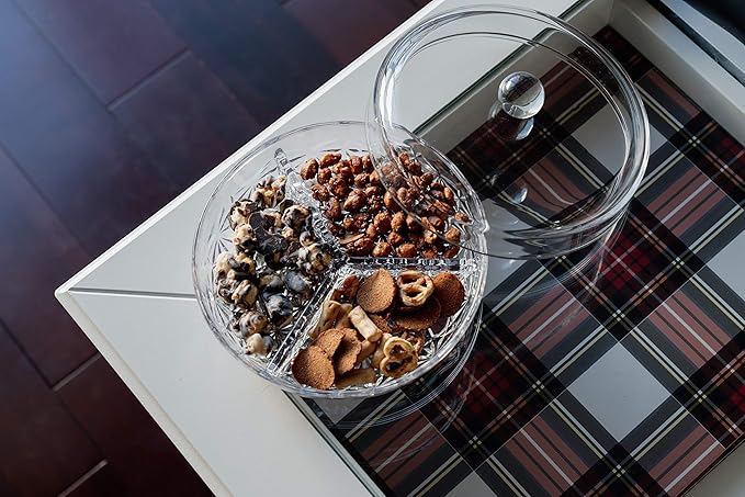 Huang Acrylic 3-Section Divided Serving Dishes with Lid | Round Snack and Condiment Tray With Cover | Multifunctional Party Snack Tray for Nuts, Candies, Fruit, and Veggies