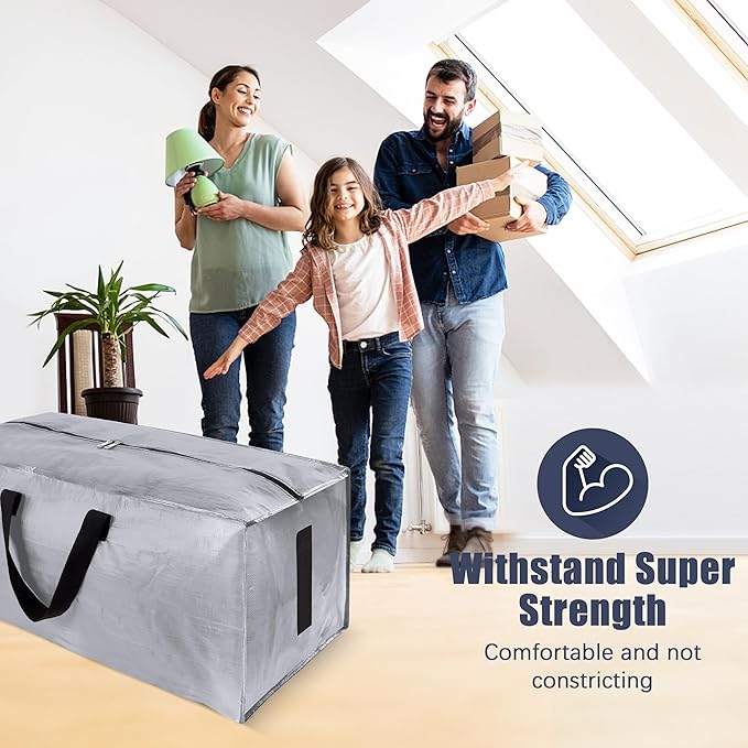 12 Pack Large Strong Moving Bags with Zippers & Carrying Handles - Water-Resistant - Heavy Duty Storage Tote for Space Saving Moving Storage, Fold Flat, Alternative to Moving Box (Silver)