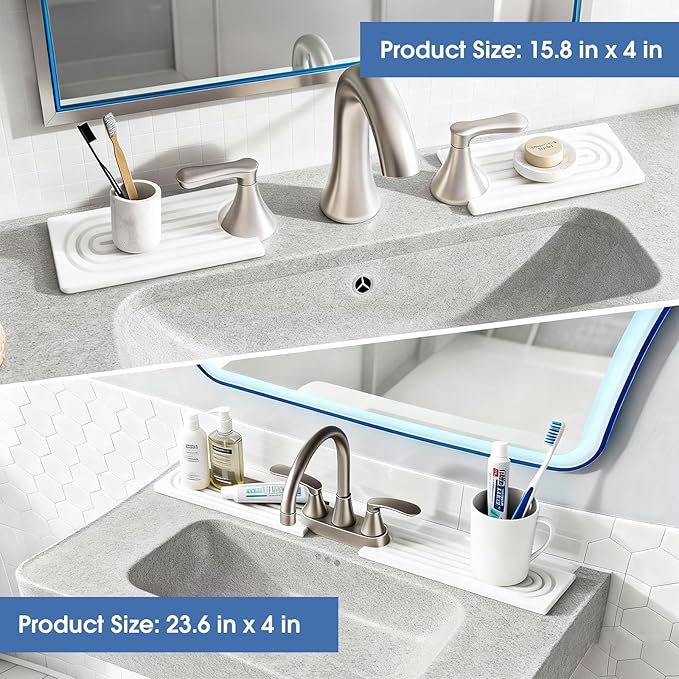 Kitchen Sink Faucet Mat, Water Absorbent Diatomite Stone Sink Tray, Diatomite Fast-Drying Faucet Mat, Prevents Moisture Buildup, Durable Protector for Bathroom Counter, White, 15.8" x 4"