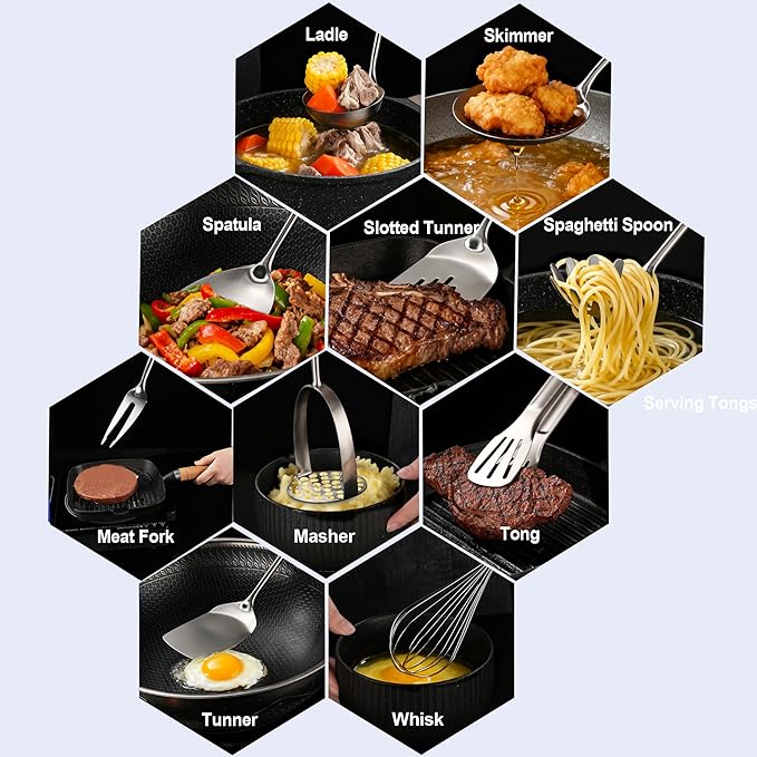 NIITAWH Kitchen Utensils Set Stainless Steel with Wooden Handle,Metal Cooking Utensils Set 12 PCS,Spatulas,Ladle,Skimmer,Tunners,Spaghetti Spoon,Fork,Potato Masher,Egg Whisk,Tongs